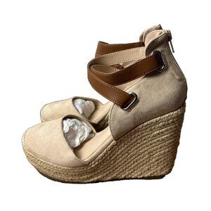 PiePieBuy Women’s Wedge Espadrille Ankle Strap Closed Cap Toe Beige Platform 8
